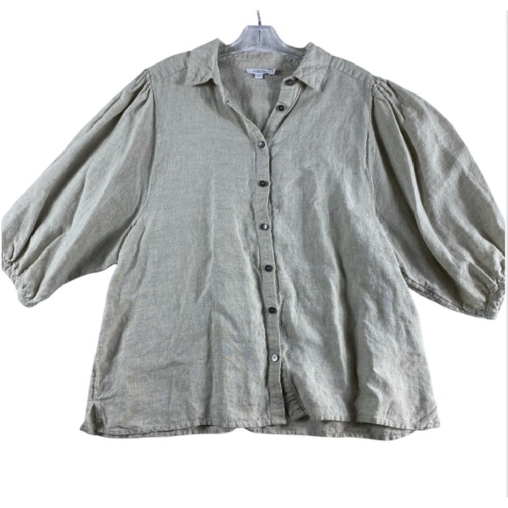 Chico's Button Up Top Shirt‎  Sz 14 Light Beige 100% Linen Puff Sleeve Coastal